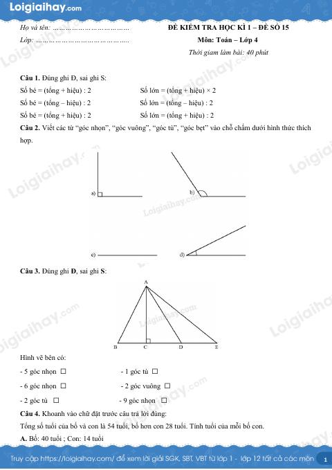 Đề số 15 - Đề kiểm tra học kì 1 - Toán lớp 4